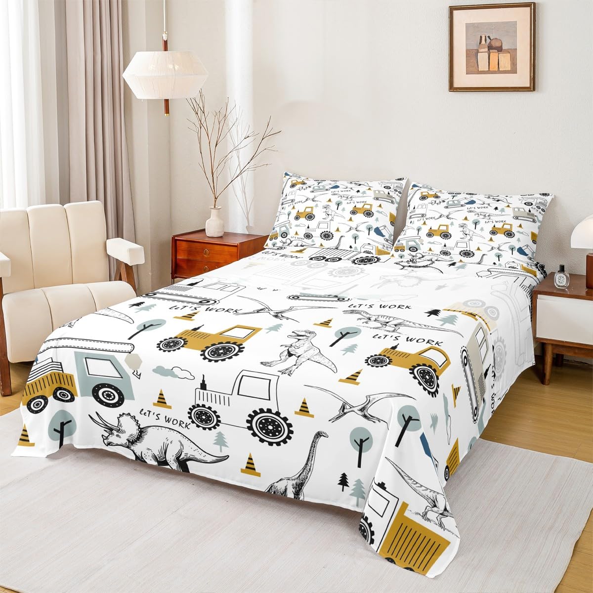 Construction Sheet Set Full Size Kids Cartoon Car Excavator Tractor Toddler Sheets with Deep Pocket Fitted Sheet Equipment Trucks Dinosaur Bed Sheets Set Construction Vehicles White Yellow Bedding Set