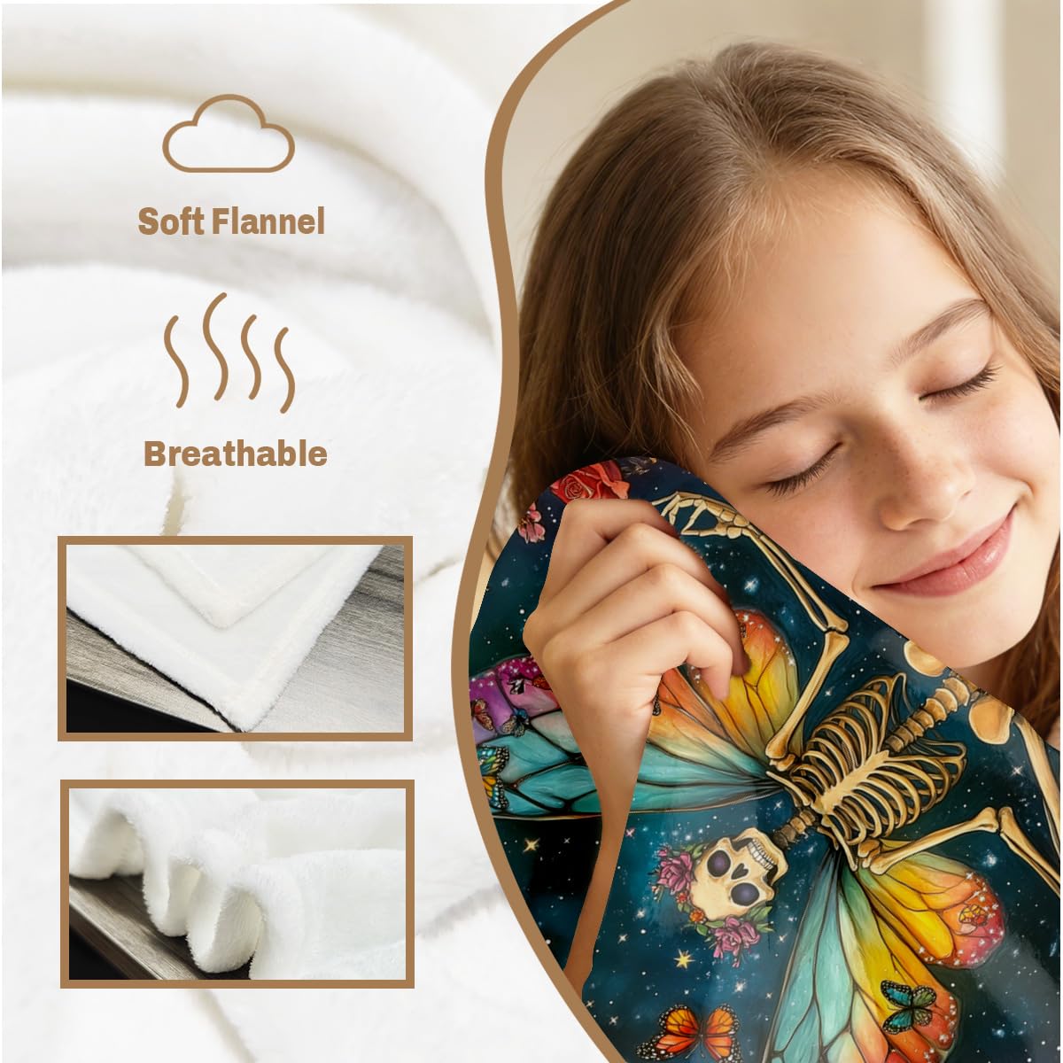 HUNXIAOJ Skeleton Butterfly Floral Blanket Throw Gothic Skull Blanket Soft Flannel Skeleton Bedding Whimsical Decor for Couch Bed Living Room Home Halloween Yoga Meditation Gifts 49"x59"