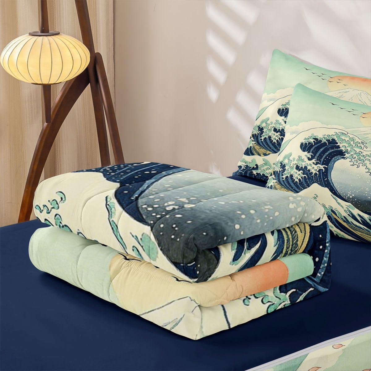 Feelyou Japanese Wave Comforter Set Full Size Zipper Bedding Set for Girls Boys Anime Comforter with Fitted Sheet, Pillowcases Japan Zipper Bedding Soft Breathable Bed in a Bag