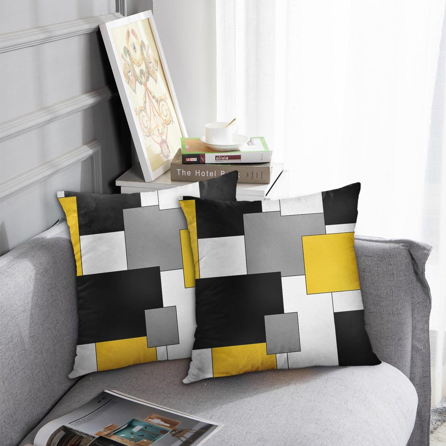 Emvency Set of 2 Yellow Geometric Throw Pillow Covers Black Grey White Painting Abstract Checkered Design Decorative Pillow Case Modern Home Decor Standard Square 18x18 Inch Cushion Pillowcase