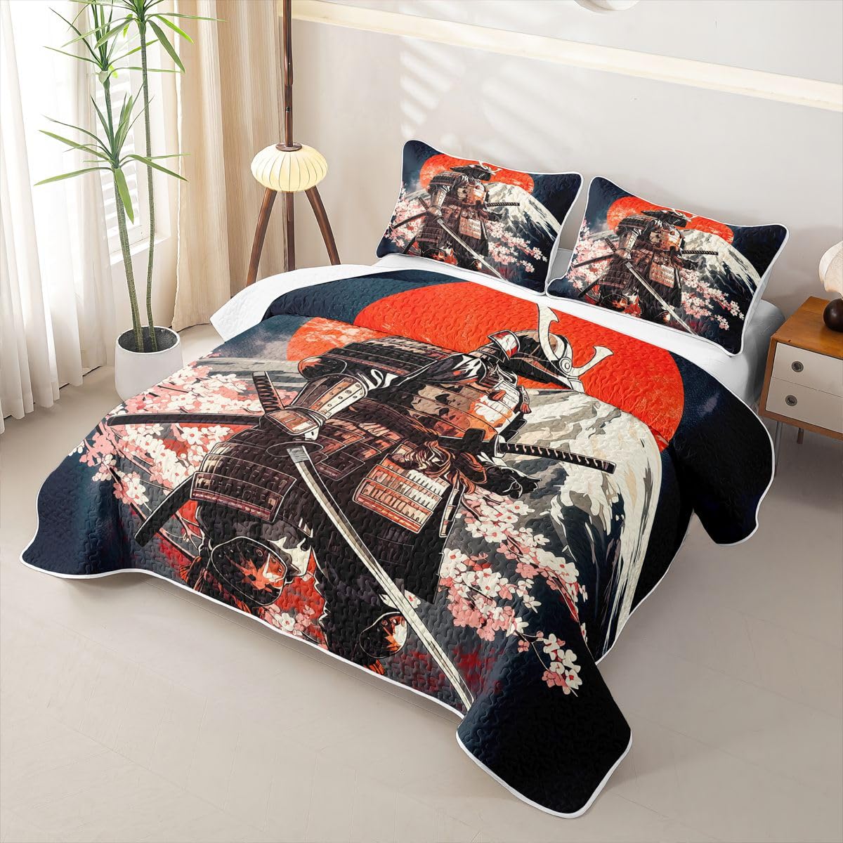 Erosebridal Japanese Samurai Quilt Twin Size - Red Sun Bedspread Sakura Flower Cherry Blossom Bed Coverlet with 1 Pillowcase