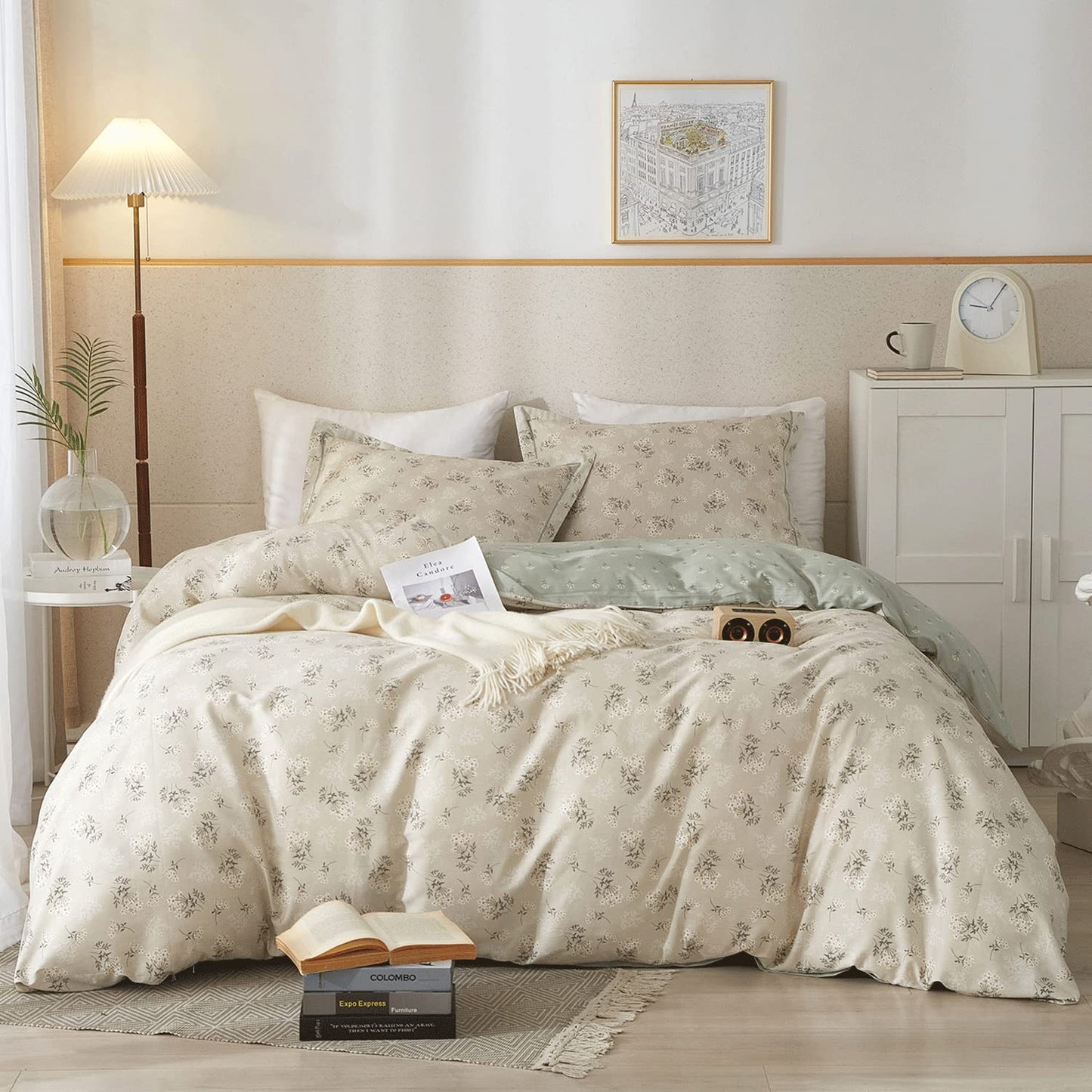 VM VOUGEMARKET Garden Flower Duvet Cover Set Queen Cotton Aesthetic Bedding Set Reversible Duvet Cover with 2 Pillow Shams,Blooming Comforter Cover for Girls