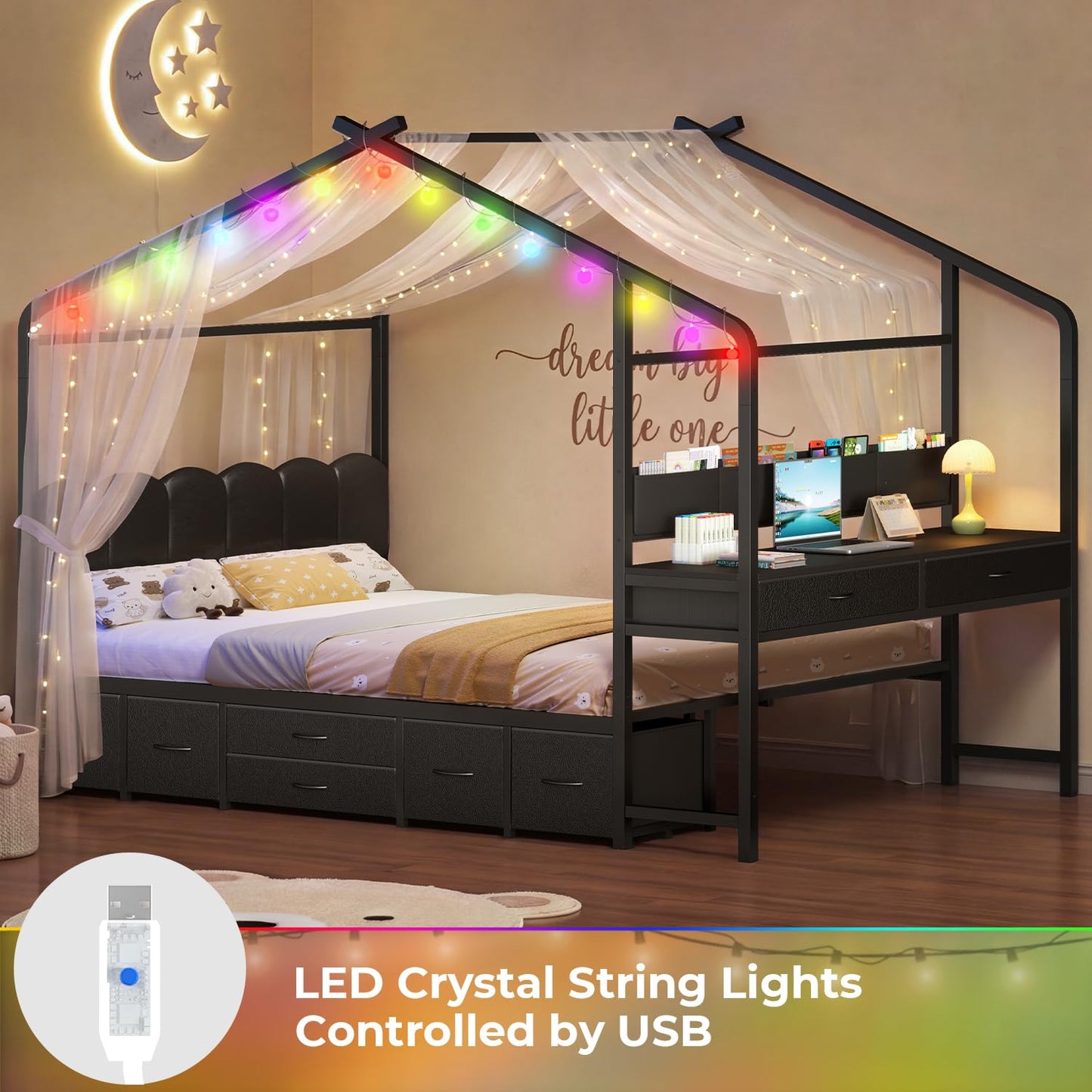 ADORNEVE House Bed with Desk,Full Kids Bed with Globe String Lights,Black
