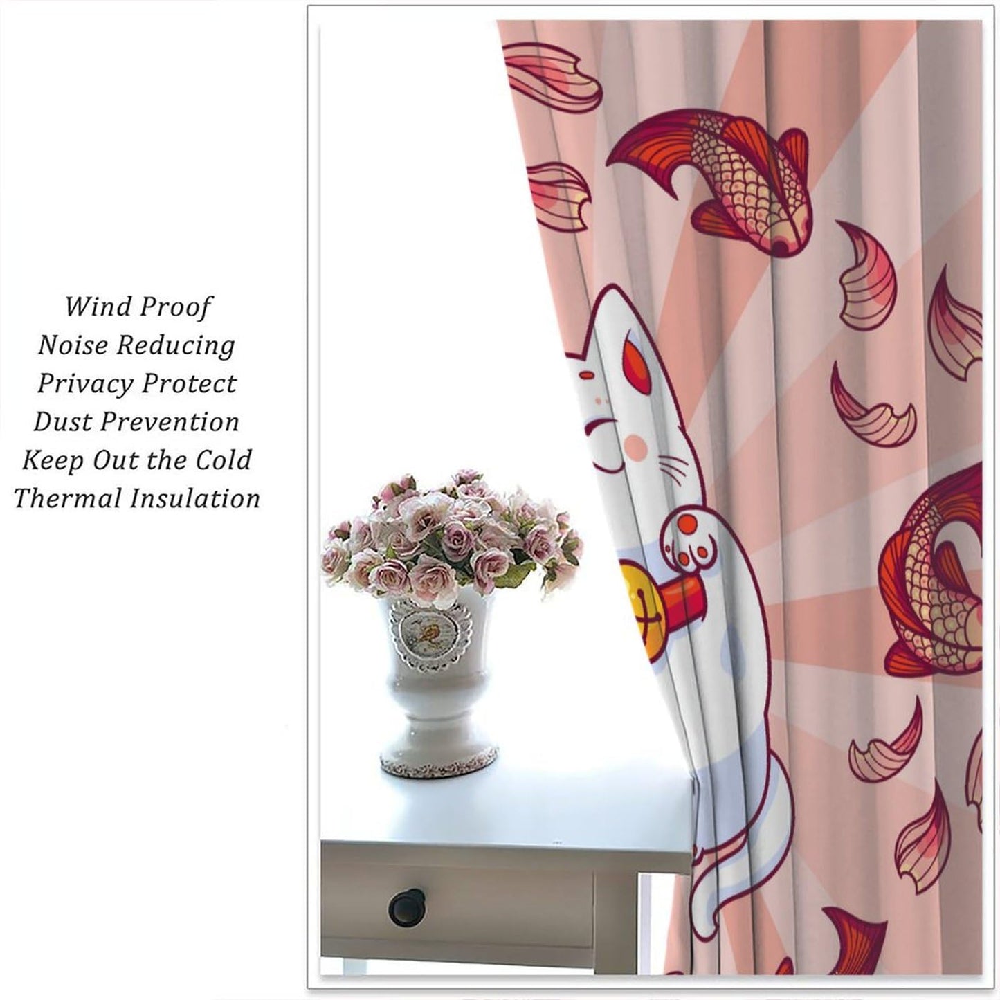 JanJCurt Japanese Noren Curtains, Lucky Cat Kitchen Window Curtain Oriental Style Traditional Red Carp Good Luck Window Treatments for Kitchen Living Room Bedroom, 42x45 Inch (No Blackout)