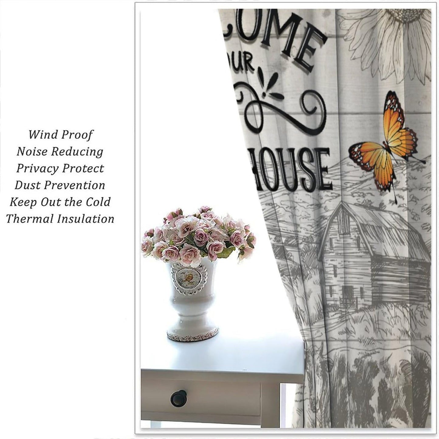 FAOTELY Rustic Farmhouse Curtain Retro Wooden Windmill Straw Bale Cattle Butterfly Animals Pattern Window Drapes for Living Room Bedroom Kitchen Cafe （W20xL45 Inch） x2 Decor