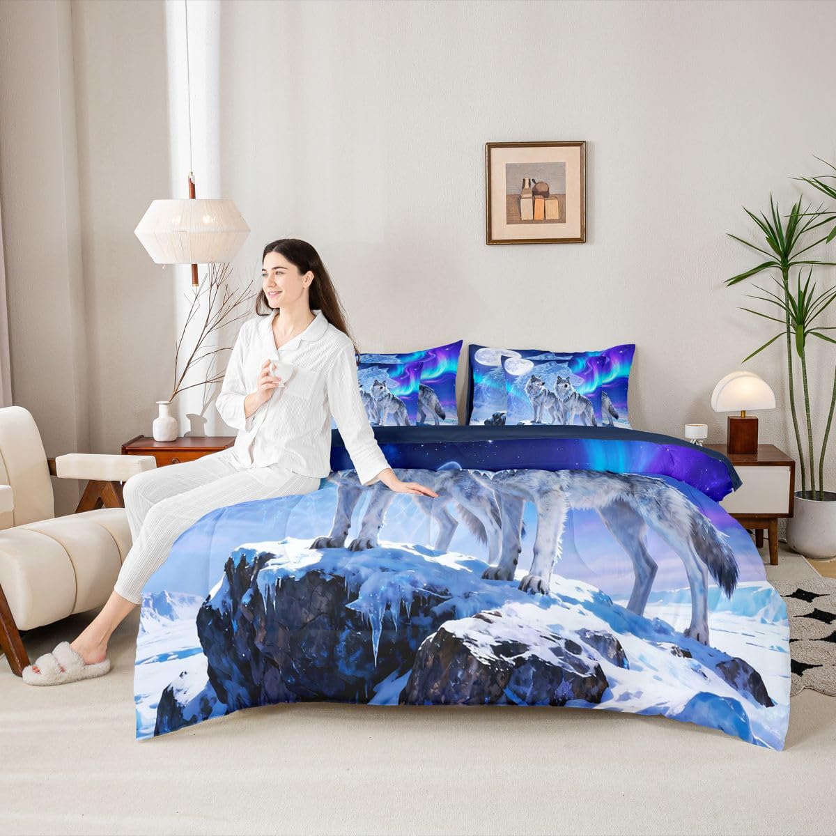Feelyou Wolf Comforter Set with Sheets 7 Piece Queen Size Wolves Howling Bed in a Bag Kids Boys Girls Western Farmhouse Bedding Set Wild Animal Bedroom Decor Breathable Soft Microfiber