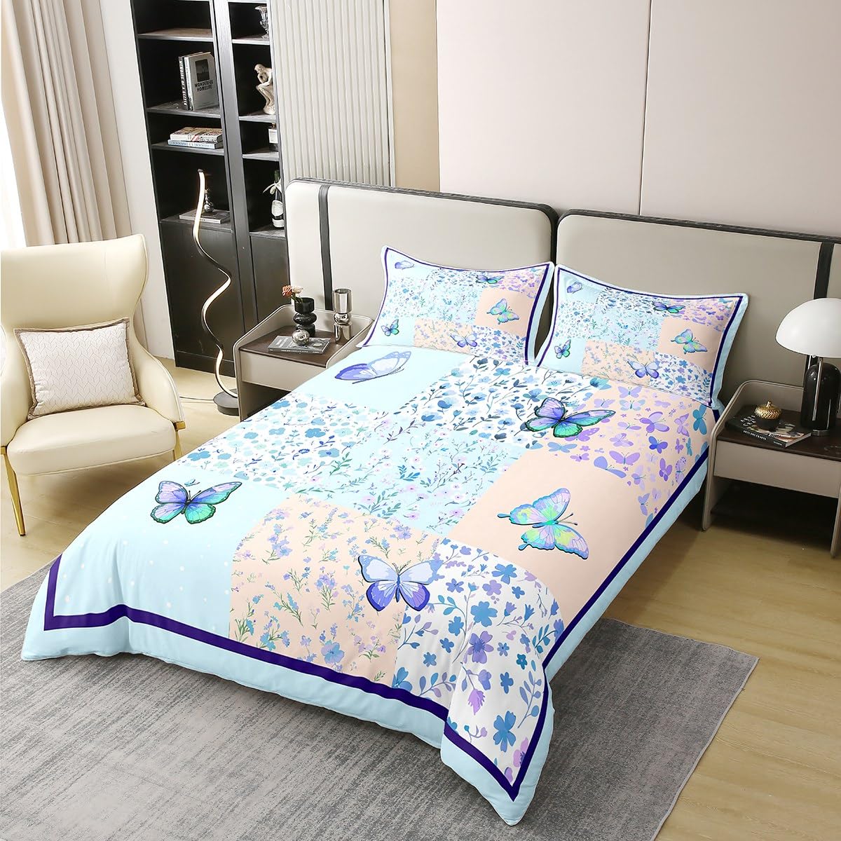 Erosebridal Blue Butterfly Duvet Cover Twin Size 100% Cotton,Chic Butterflies Decorations Comforter Cover,Cute Patchwork Plaid Bedding Set for Girls Kids Teens Rustic Chic Flowers Bed Set