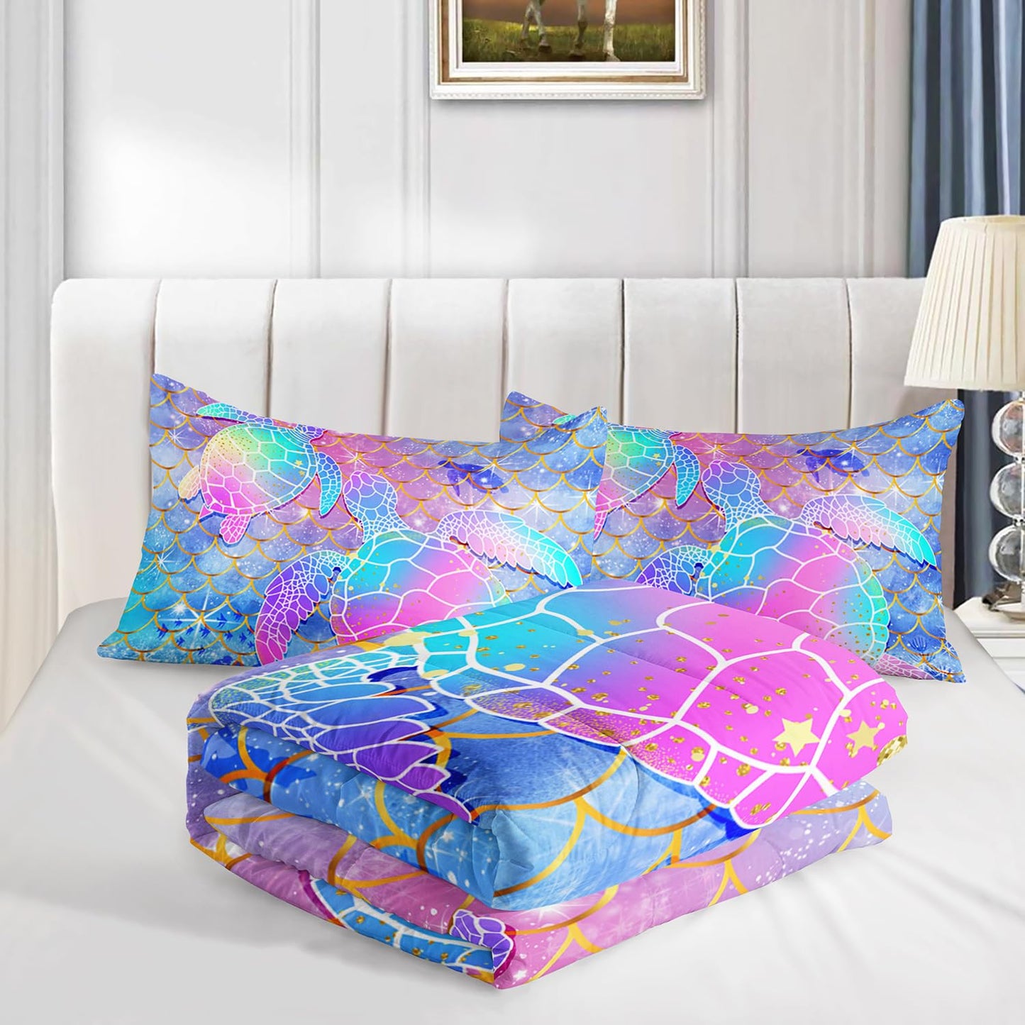 Mermaid Scales Bedding Set for Girls,Rainbow Scales Mermaid Printed Comforter Set Full Size for Kid Women,Glitter Star Bed Set Quilts Set Lightweight Soft Microfiber Warm Down Alternative All Season