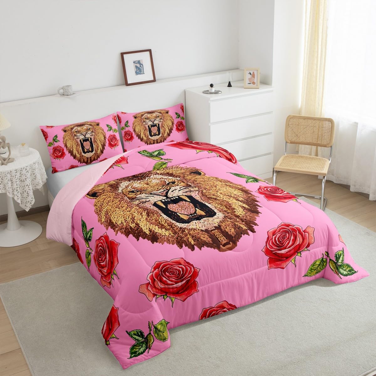Erosebridal Lion Roses Comforter Set Twin Size Wild Flowers Bedding Set for Kids Girls BoysSafari Animal Comforter Pink Garden Farm Quilt Bedroom Decor