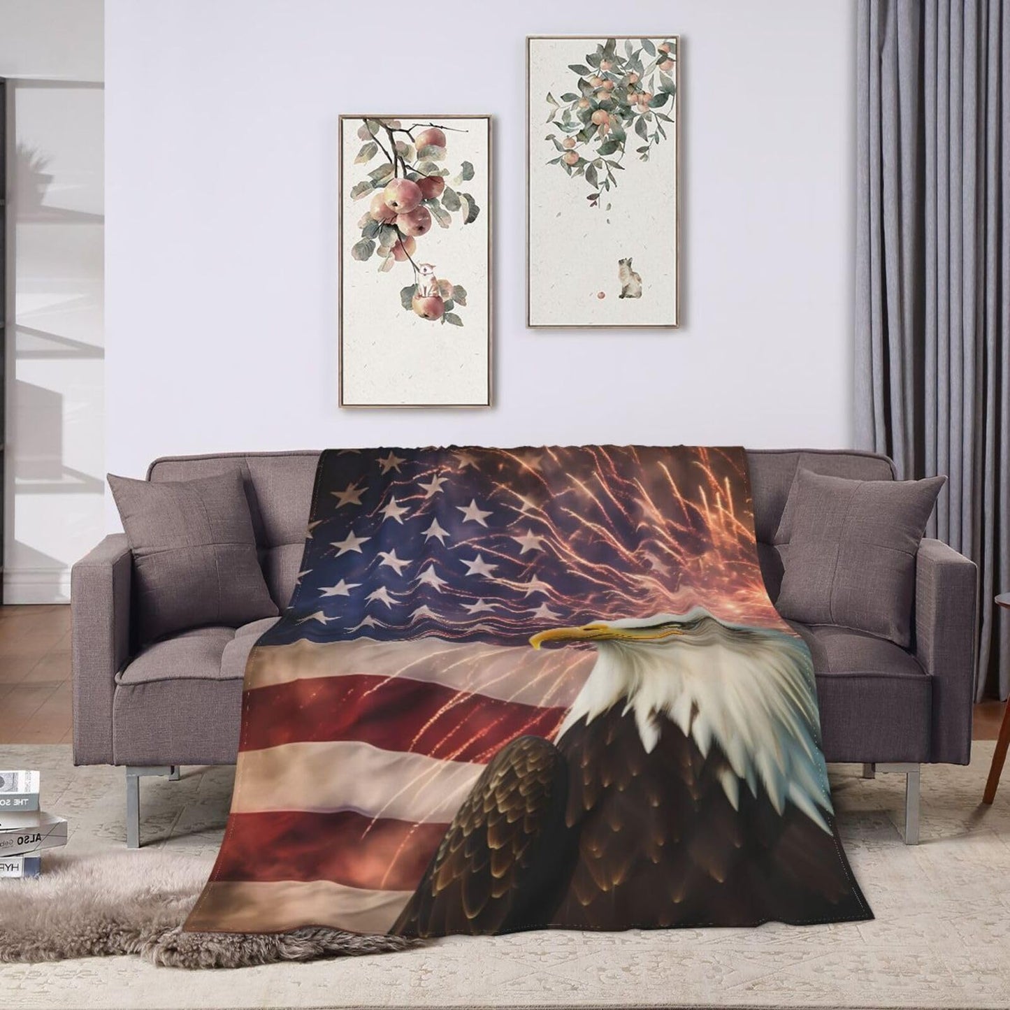 American Flag Ultra-Soft Flannel Throw Blankets, Firework Eagle Blanket for Bed Couch Sofa, All Seasons Home Camper Travel 60"x50"