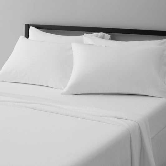 Amazon Basics Soft, Breathable, Wrinkle-Free Microfiber 4-Piece Bed Sheet Set, Full Size, Bright White Striped