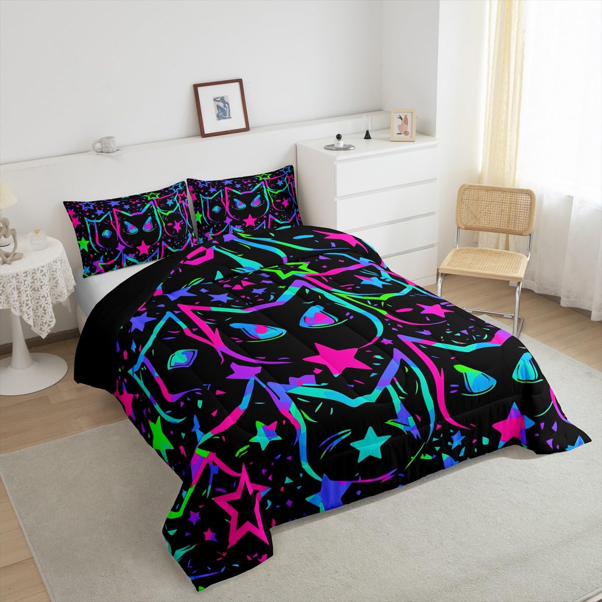 Erosebridal Cartoon Cat Bedding, Black Cat Comforter Set for Kids Girls Boys Teens, Ombre Glowing Neon Stars Down Comforter, Kawaii Kitten Duvet Insert, Gradient Galaxy Quilt, Queen