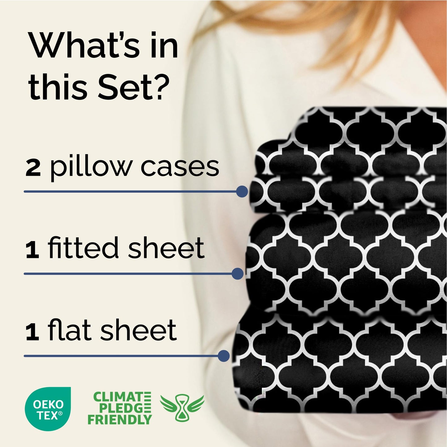 Black Geometric Bed Sheets - 1 Flat & 1 Fitted Sheet & 2 Pillowcases w/ Deep Pockets – Wrinkle & Fade Free- Ultra-Soft, Breathable and Cooling - Luxury Moroccan Bed Set – King Size - Black Quatrefoil