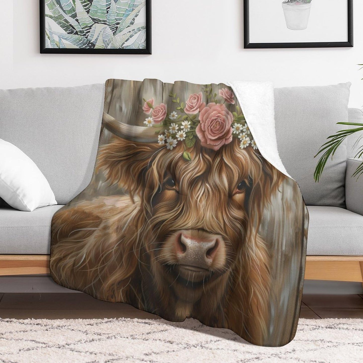 Highland Cow Blanket, Floral Crown Bull Throw, Soft Cozy Fleece Blankets for Kids Women Girls, Rustic Farmhouse Western Decor for Room Couch & Bed Birthday Gifts 50x60in