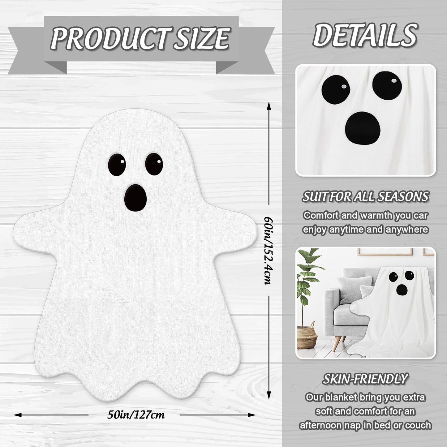 JarThenaAMCS Halloween Fuzzy Flannel Blanket 50 x 60 Inch Cute White Ghost Shaped Decorative Throw Blanket for Home Chair Soft Couch Bed