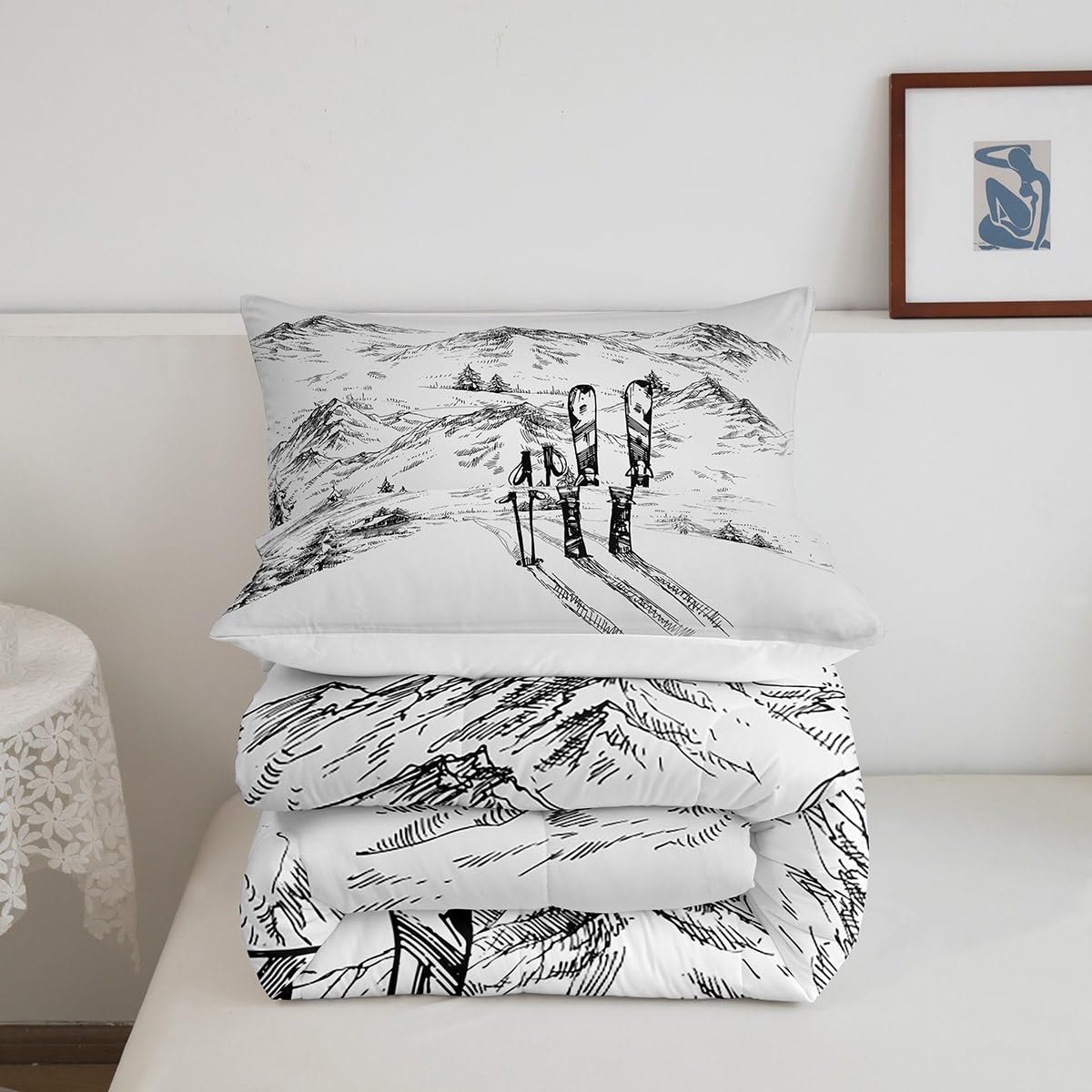 Erosebridal Ski Comforter Set Full, Winter Sports Games Duvet Sets for Kids Teens Adult Bedroom, Winter Skiing Bedding Set Mountain Sketch Illustration Quilted Duvet 3 Piece with 2 Pillow Cases