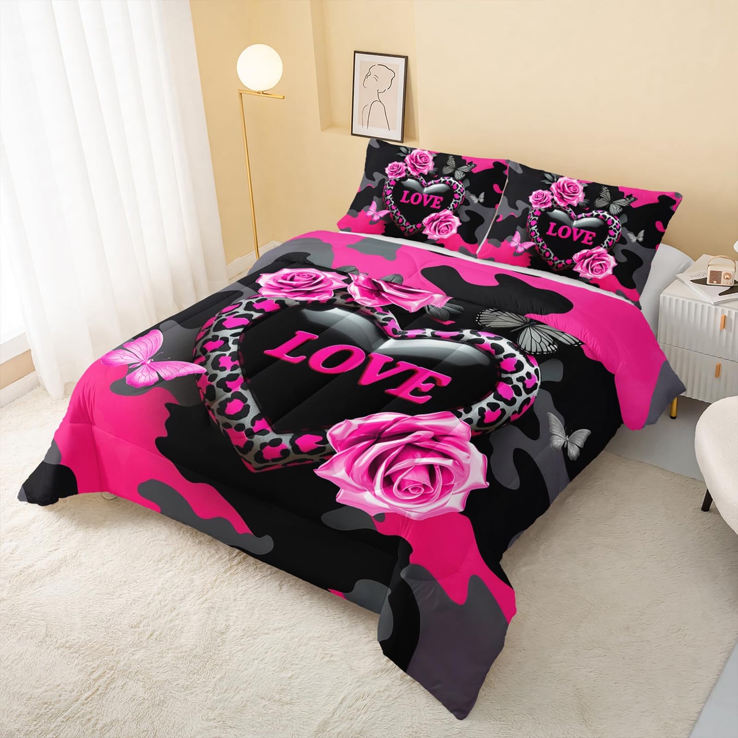 QOOMO 3Pcs Flowers Comforter Set Queen Size,Leopard Print Bedding Set for Teens Boys Girls,Pink Comforter with 2 Pillowcases,Soft and Lightweight