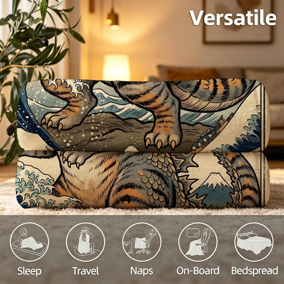 Yujiiso Retro Ukiyo-E Catzilla Blanket, Soft Flannel Fleece Throw 50" x 60"