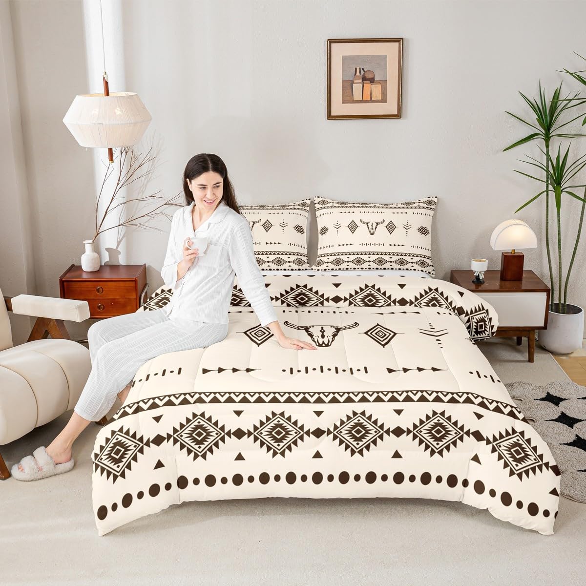 Erosebridal Bull Skull Twin Size Comforter Set, Western Cowboy Bedding Set for Boys Girls Men Room Decor, Southwestern Native Quilt, Boho Aztec Ethnic Horns Duvet Insert, 1 Pillow Case