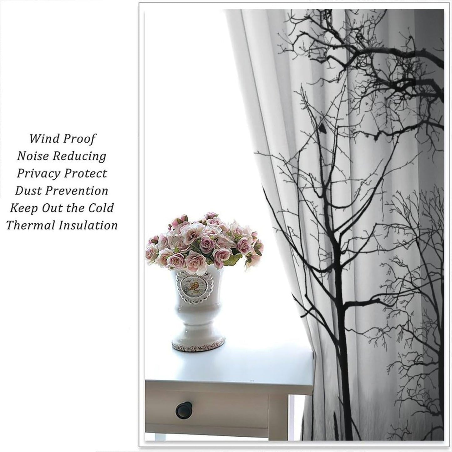 Gothic Black Pine Tree Forest Curtains - Mysterious Scenery, Gloomy Dark Dense Foggy Blackout Window Treatments for Living Room Bedroom - 42" W X 45" L