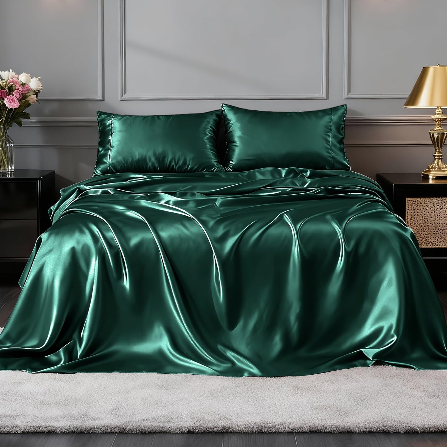 FreshCulture Satin Sheets Full Size - 4 Piece Luxury Soft Silky Full Size Bed Sheets, Similar to Silk Bed Sheet Set with 1 Deep Pocket Fitted Sheet, 1 Flat Sheet & 2 Pillowcases (Dark Green)