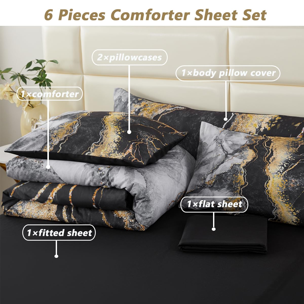 PERFEMET 6 PCS Bed in a Bag Black Watercolor Marble Printed Comforter Set for Queen Bed Burning Mountain Pattern Bedding Set with Sheets Retro Artwork Design Quilt Sets(Black, Queen)