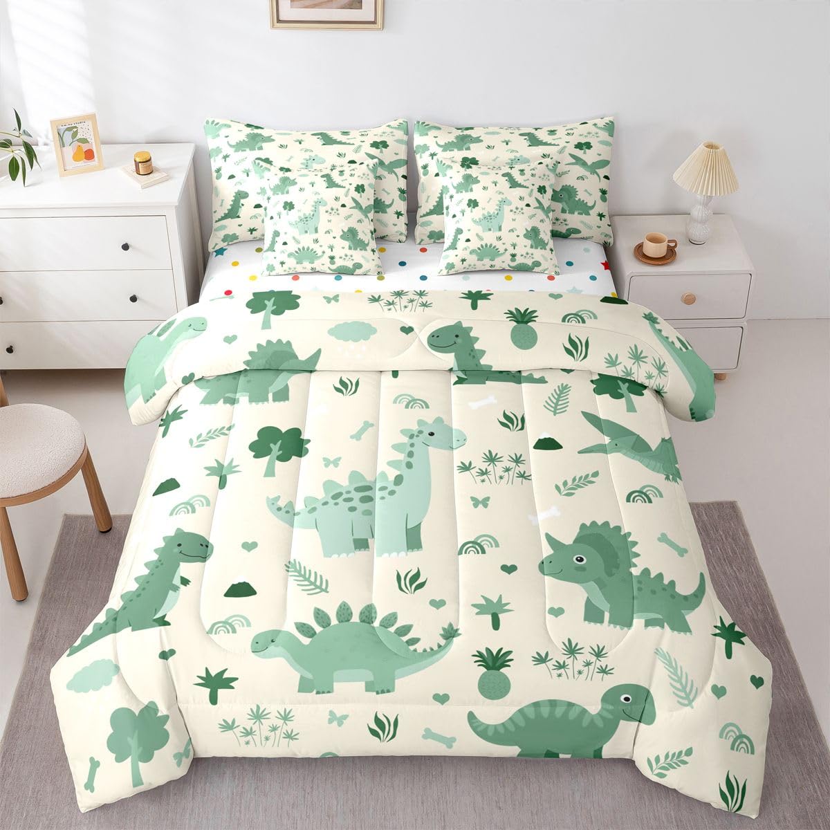 Feelyou Kids Cute Dinosaur Full Comforter Set with Sheets for Kids Boys Girls Boys Green Dinosaur 7 Pieces Bedding Set Cartoon Cute Animal Bed in a Bag Room Decor Soft Lightweight Microfiber