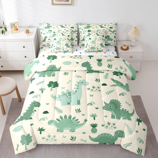Feelyou Kids Cute Dinosaur Full Comforter Set with Sheets for Kids Boys Girls Boys Green Dinosaur 7 Pieces Bedding Set Cartoon Cute Animal Bed in a Bag Room Decor Soft Lightweight Microfiber