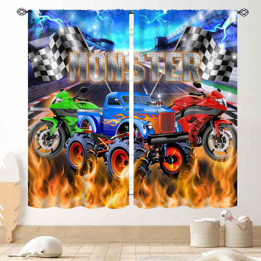Racing Car Curtains, Cool Monster Cartoon Truck Buring Flame Colorful Race Stadium Blackout Window Drapery Treatments for Boys Kids Baby Bedroom Living Room Playroom Nursery 2 Panel Set, 42"x45" Inch