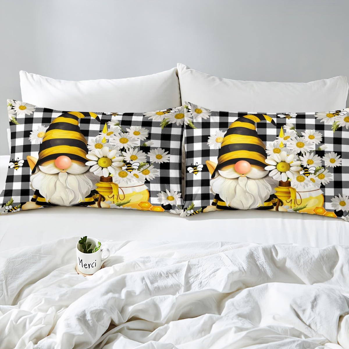 Daisy Gnomes Bed Sheet Twin Size Black White Grid Bedding Set 3pcs for Kids Girls Boys Teens Home Decor Bee Flowers Spring Style Deep Pocket Fitted Sheet Plants Nature Top Flat Sheet,1 Pillowcase