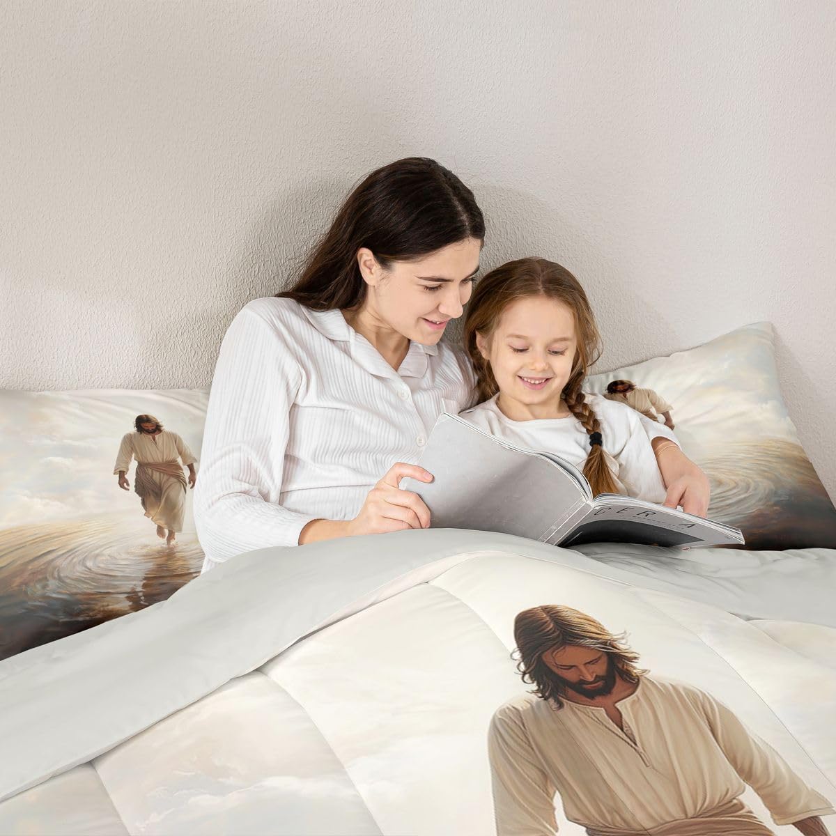 Manfei God Walking on Water Girls Bedding Set Twin Size,Bible Verse Western Faith Comforter Set,Modern Artwork Spiritual Quilt Comforter Girls Boys Teens,Beige Gray Room Decor All Season,1 Pillowcase