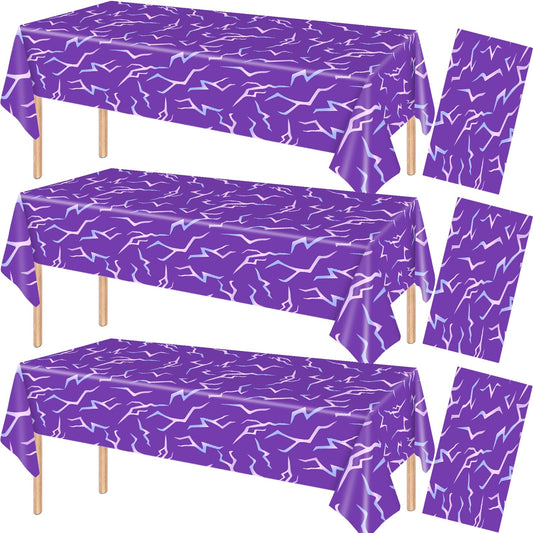 ANLLECR 3Pcs 54 x 108 Inch Purple Demon Lightning Theme Disposable Tablecloth, Waterproof Plastic Table Cover for Birthday Party, Music Themed Party, Halloween & Event Decorations