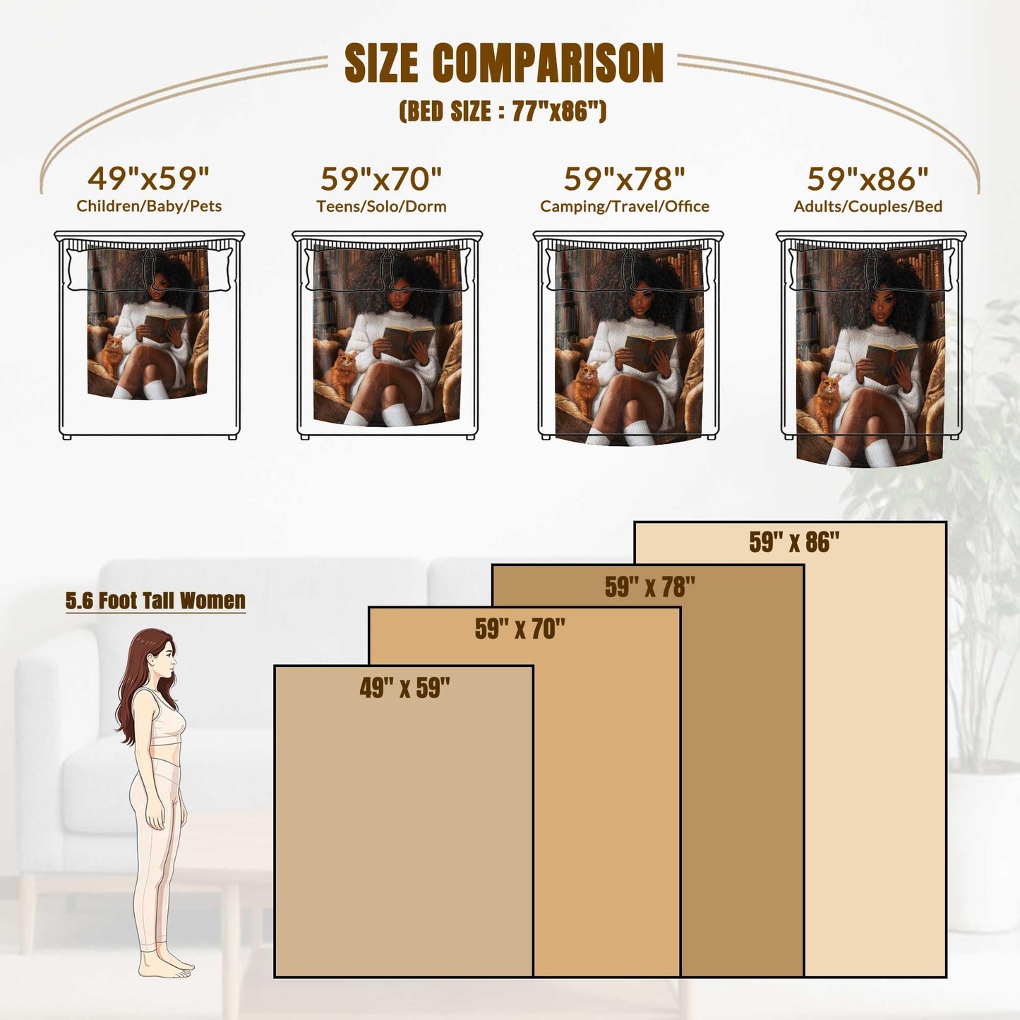 GXYAOYZG Black Woman Reading Blanket African American Throw Blanket Book Lover Throws Cozy Soft Flannel Black Girl Reader Blankets for Couch Sofa Bed Decor Librarian Gift (Reading - 2, 49" x 59")