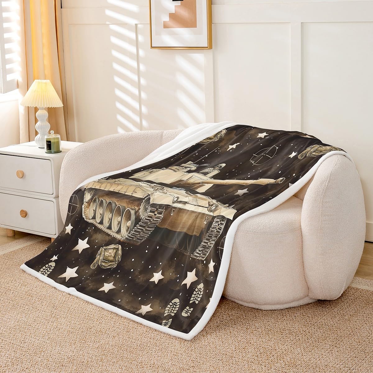 Army Tank Kids Throw Blanket,Camo Warship War Theme Bed Blanket for Boys Men,Tie-dye Graffiti Starry Sky Retro Camoflage Fleece Blanket,Brown Black Fuzzy Blanket,40 x 50 Inches