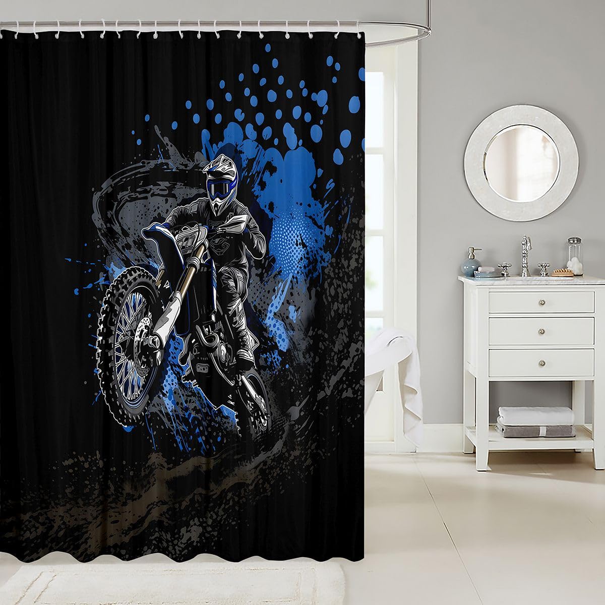 Feelyou Dirt Bike Shower Curtain for Bathroom Decor Racing Motocross Bath Curtain for Stalls Bathtubs Extreme Sports Bathroom Accessories Waterproof Polyester Fabric with 12 Hooks 72"x78"