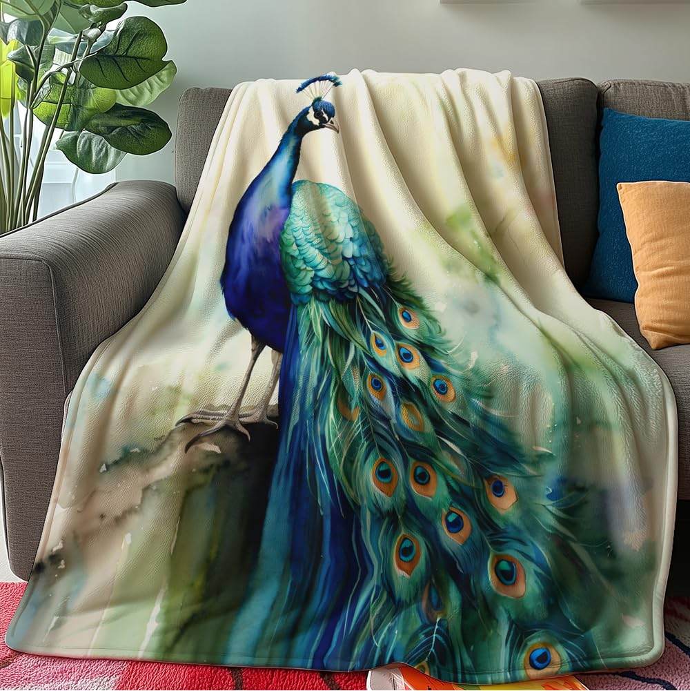 HUNXIAOJ Peacock Throw Blanket for Couch Peacock Themed Decor Animal Print Blanket King Size Soft Warm Flannel for Sofa Bed (50 in x 60 in)