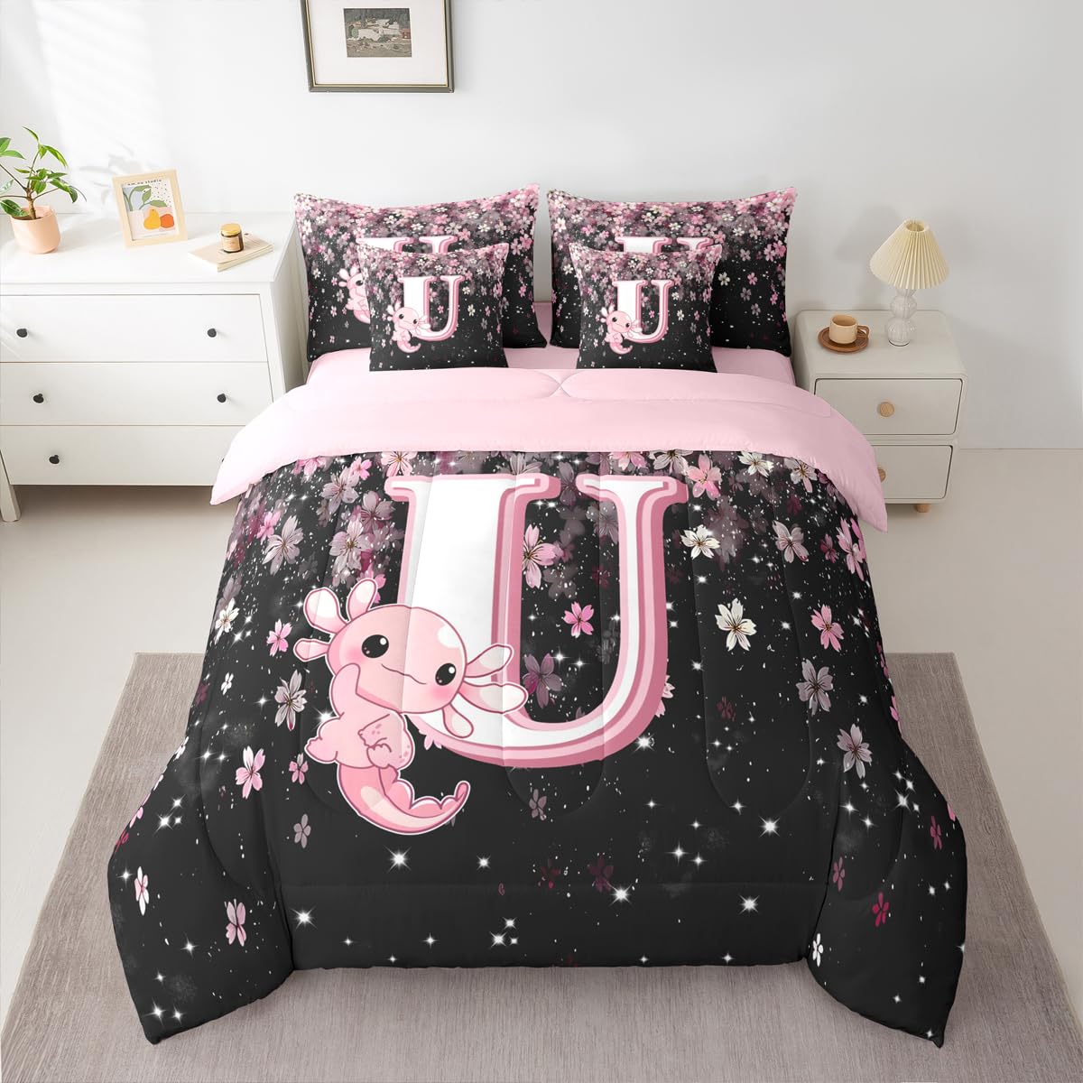 Erosebridal Pink Axolotl Bedding Set for Teen Girl (Pink Black,7Pcs,Twin Size) - Cute Initial Letter U Bed in A Bag Cherry Blossom Comforter Set Girly Preppy Cute Axolotl Quilt with Initial Design