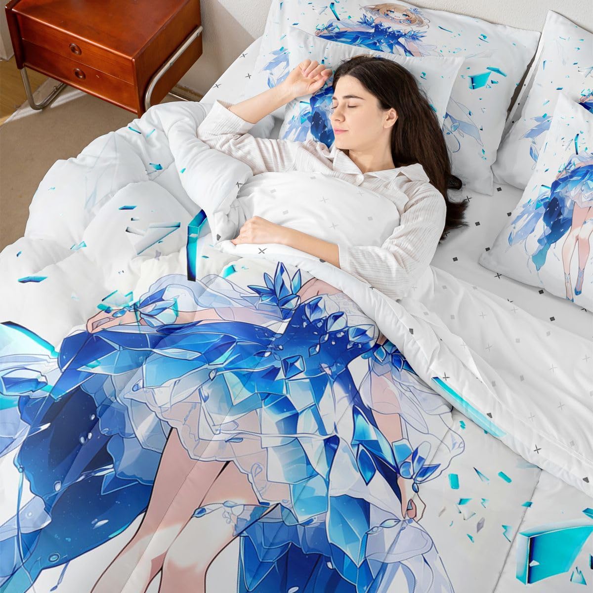Erosebridal Anime Girl Twin Comforter Set 7 Piece Japanese Girl Bedding Set,3D Anime Cartoon Bed in A Bag for Kids,Japanese Style Sheet Set with Comforter(Blue)