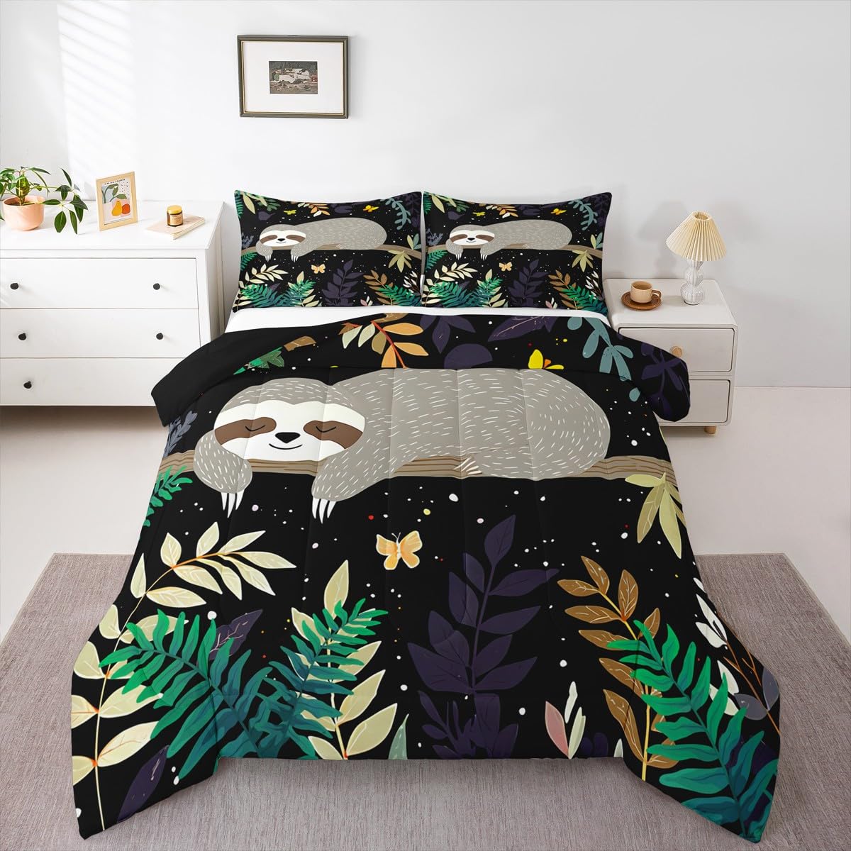 Feelyou Sloth Comforter Cute Sloth Bedding Set for Kids Boys Girls Galaxy Butterfly Comforter Set Botanical Leaves Inner Fill Duvet Set 1 Comforter Set with 2 Pillowcases Queen Size