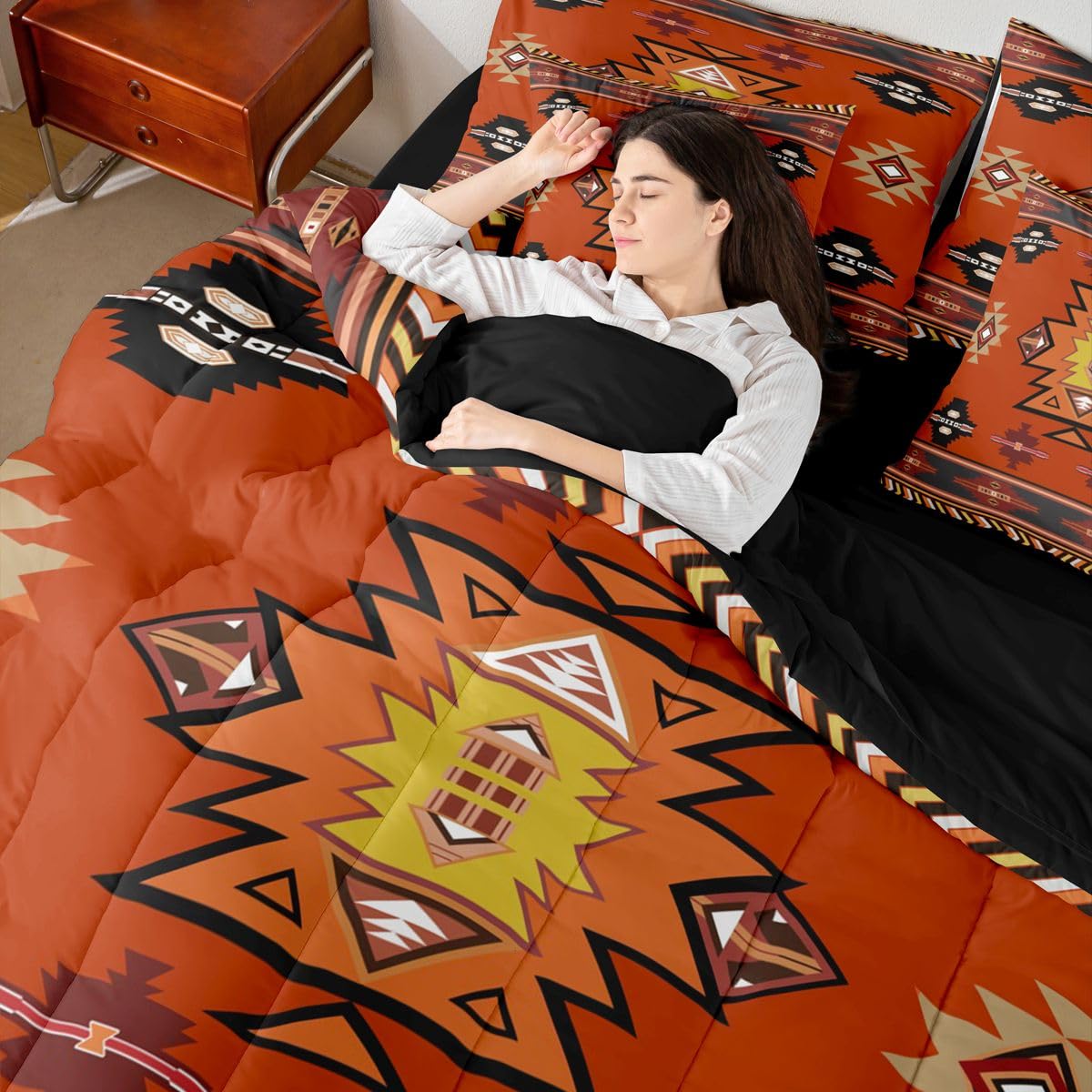 Erosebridal Western Twin Comforter Set with Sheets | Boho Decor Geometric 7 Piece Bedding Set Bohemian Aztec Bed in a Bag, Ethnic Tribal Arrow Room Decor,Red