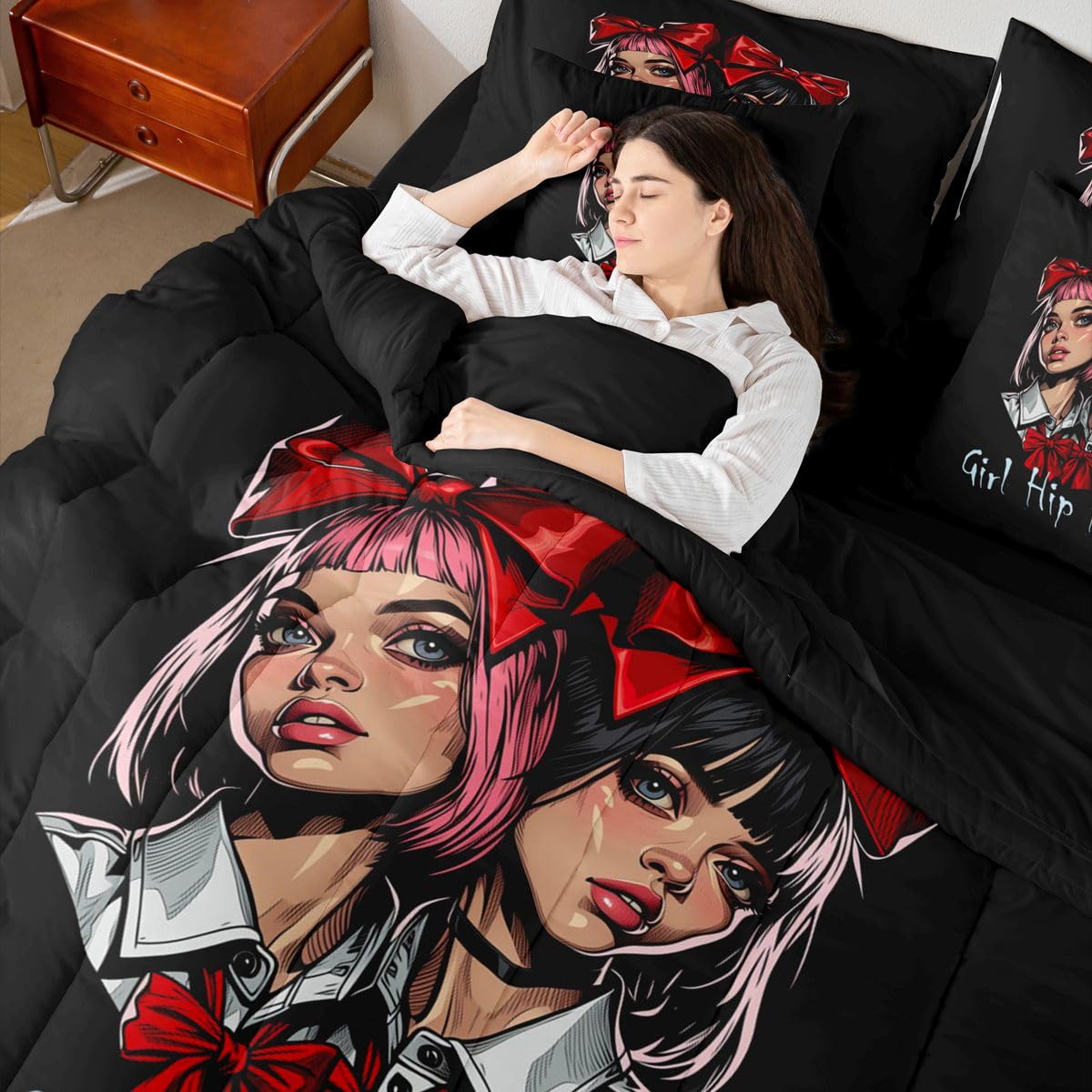 Erosebridal Cute Hip Hop Girl Twin Size Bedding Set Teens Women Red Bowtie 7 Pieces Comforter Set with Sheets Sweet Pink & Black Hair Anime Girls Bed in a Bag Funky Art Bed Sets