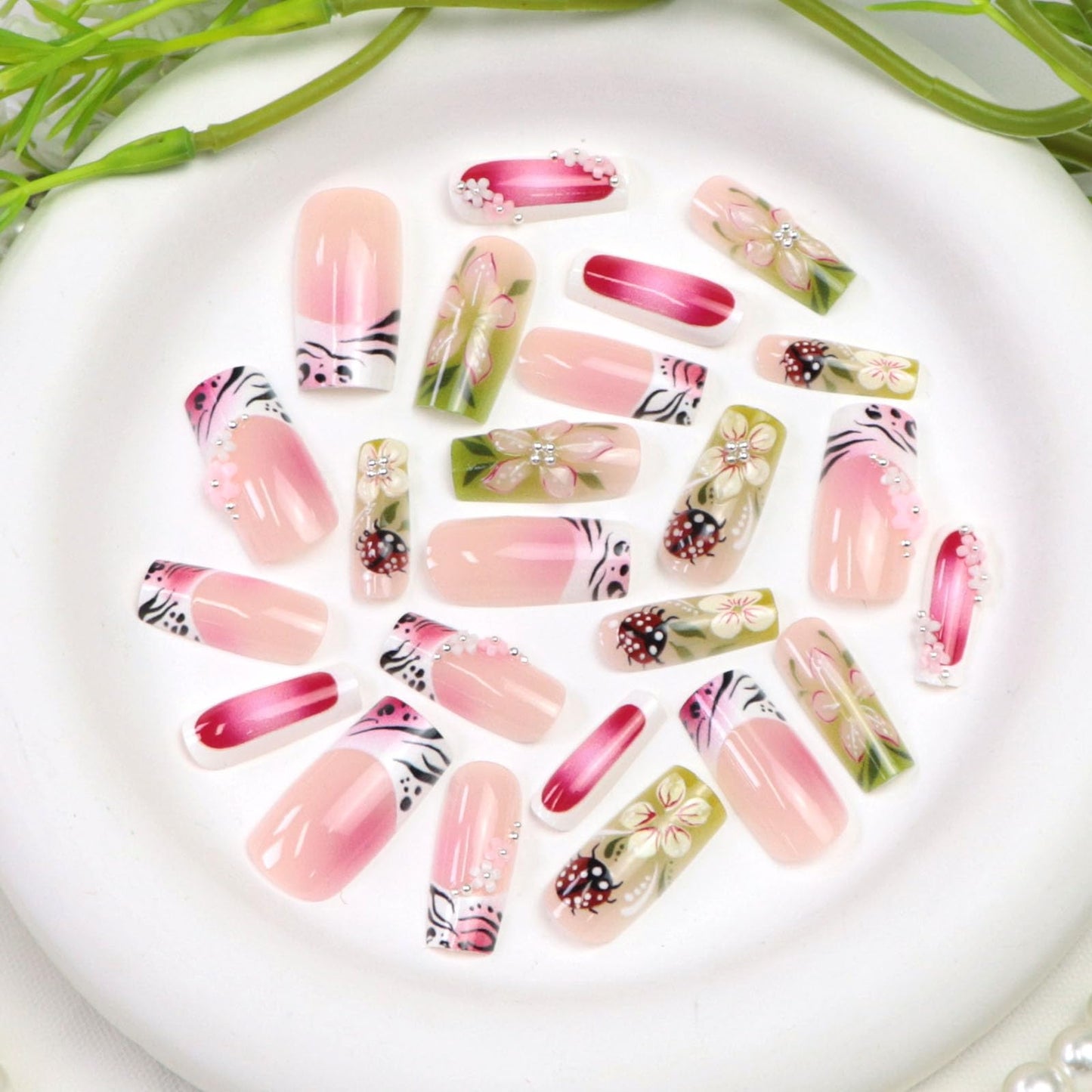 Spring Press on Nails Medium Square Fake Nails with 3D Flower Pearl Designs French Tip Nails Press ons Green Gradient Acrylic Nails for Women 24Pcs