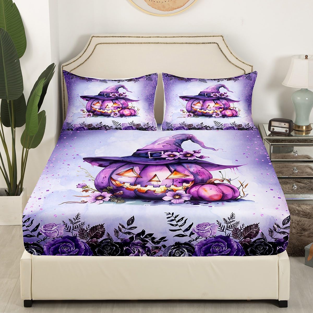 Castle Fairy Watercolor Flowers Fitted Sheet Set with 2 Pillowcase,Gothic Purple Halloween Theme Microfiber Mattress Cover,Pumpkin Lantern Bed Cover Queen Size