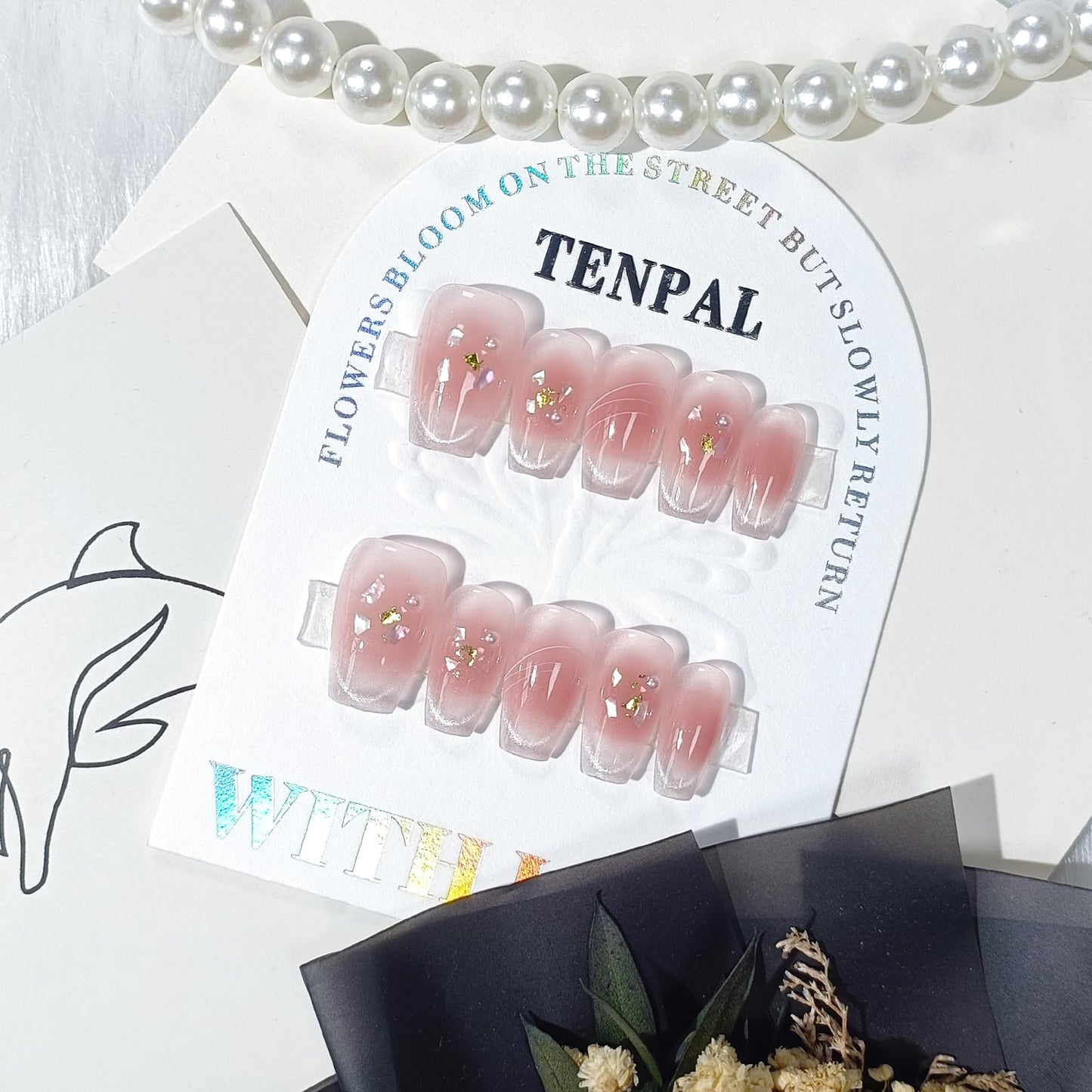 TENPAL 10Pcs Handmade Press on Nails with Kit | Pearl Blush Cat Eye Coffin Nails | Gold Leaf & Mother-of-Pearl Gradient Fake Nails Press ons | K-Beauty Sweet Detachable Pink Glue on Nails Set(XS)