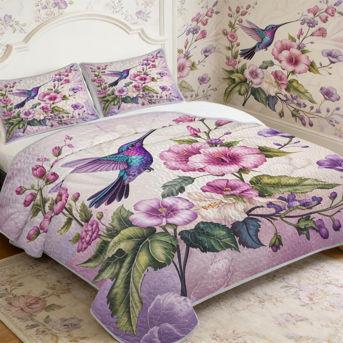ARIGHTEX Flower Bird Quilt Set, Pink Purple Floral Hummingbird Bedding Set
