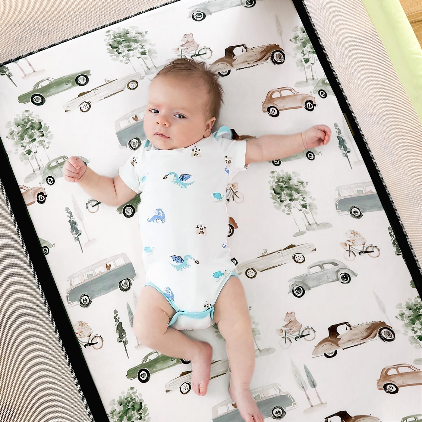 GRSSDER Pack n Play Sheets Fitted 3 Pack, Stretchy Ultra Soft Jersey Knit Pack and Play Sheets, Universal Fitted Portable/Mini Crib Mattresses Snug and Safe, Neutral Pattern of Cars Print