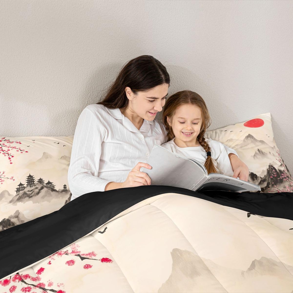 jejeloiu Chinese Ink Painting Comforter Set All Season Japanese Style Bedding Set with 2 Pillow Cases Mountain Red Sun Microfiber Kids Queen Bedclothes Cherry Blossom Bedroom Decor Duvet Quilt Soft