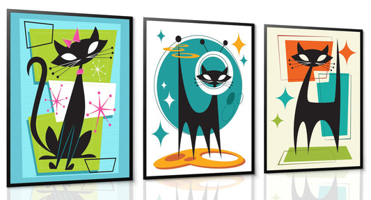 3Pcs Futuristic Atomic Cats Wall Art Canvas Set Modern Tech Inspired Posters in Blue Green Orange Abstract Geometric Paintings Pictures and Prints Gallery Wall Decor for Living Room Bedroom Unframed