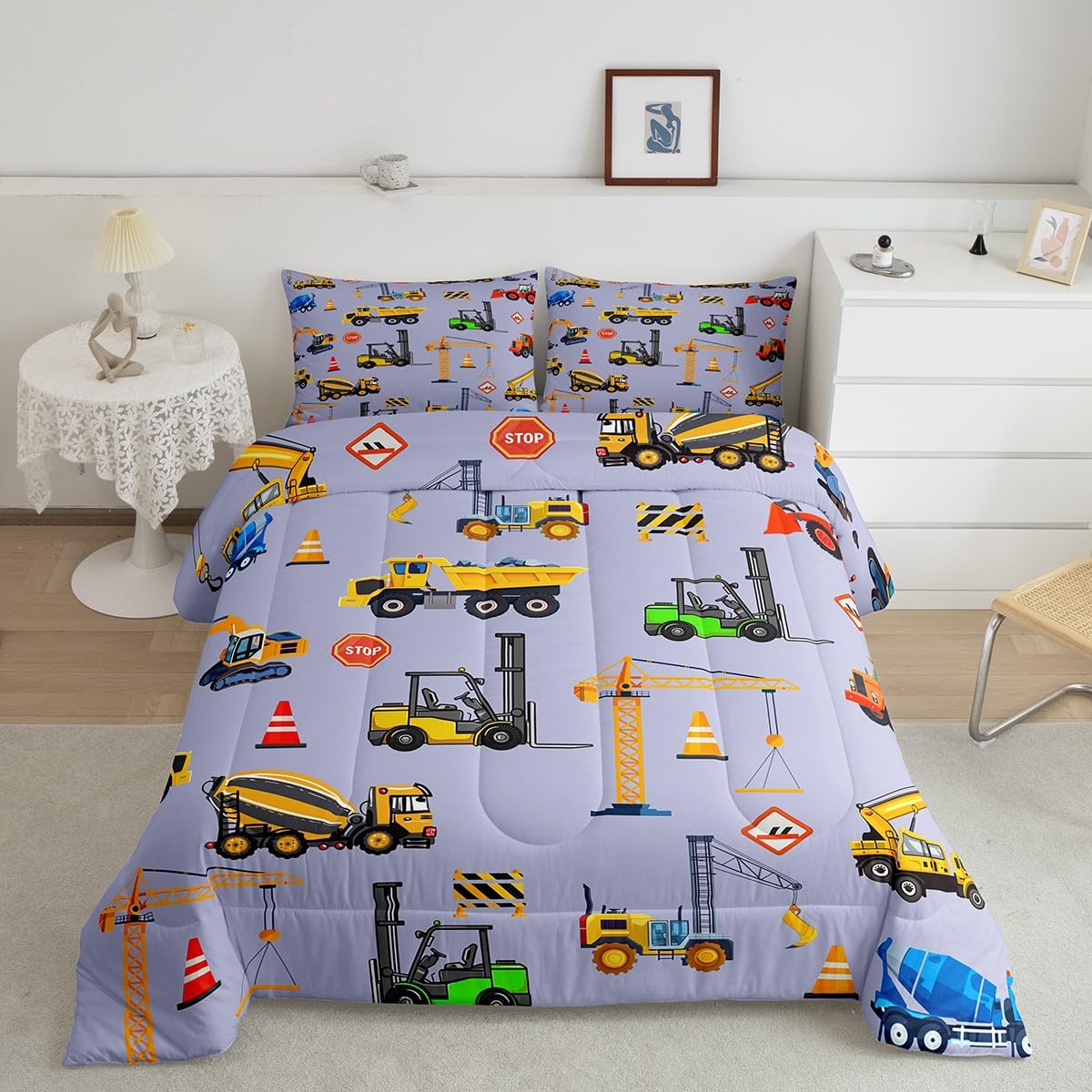 jejeloiu Excavator Comforter Set All Season Cartoon Car Bedding Set with 1 Pillow Cases Equipment Trucks Microfiber Kids Twin Bedclothes Construction Bedroom Decor Duvet Quilt Breathable Soft