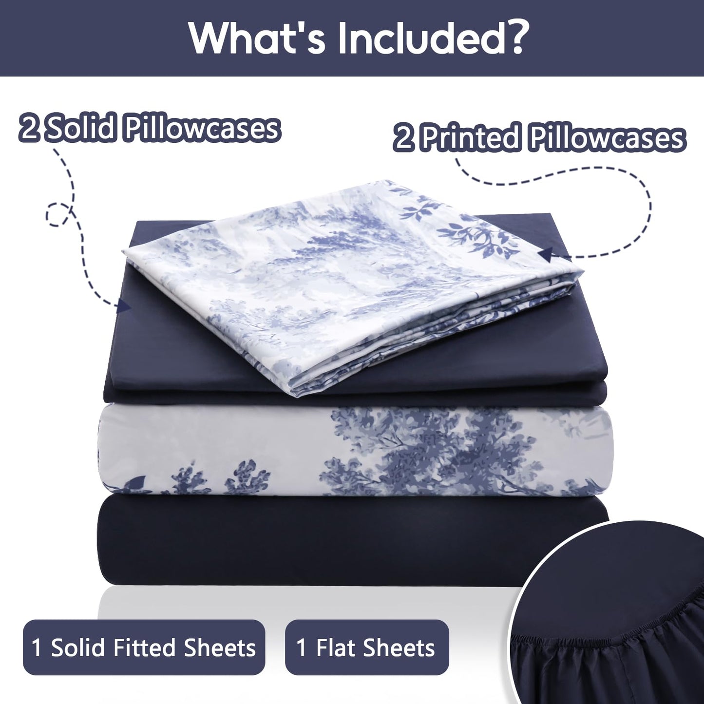 LONAVA Botaincal Queen Size 6 Pcs Sheet Set, Breathable Microfiber Deep Pocket Navy Fitted Sheets, Comfy & Breathable Patterned Flat Sheets,4 Gentle Soft Pillowcases, Blue Forest
